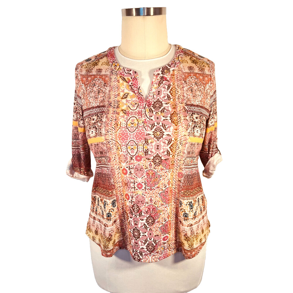 Farmer's Market - Womens PXL Tunic Top Henley Neck Cottage Print 3/4 Roll Tab